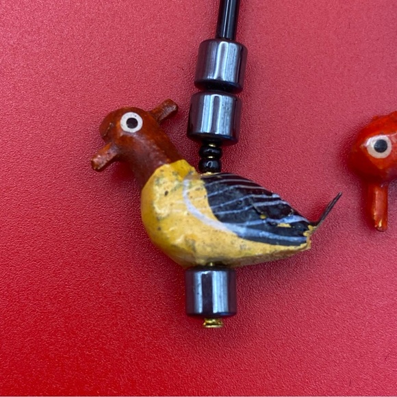 Hand Carved Wood and Hematite Bird Earrings - Picture 2 of 6